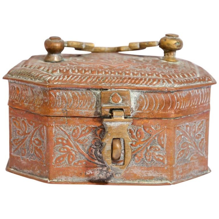 Handcrafted Antique Tinned Copper Metal Betel Box, India