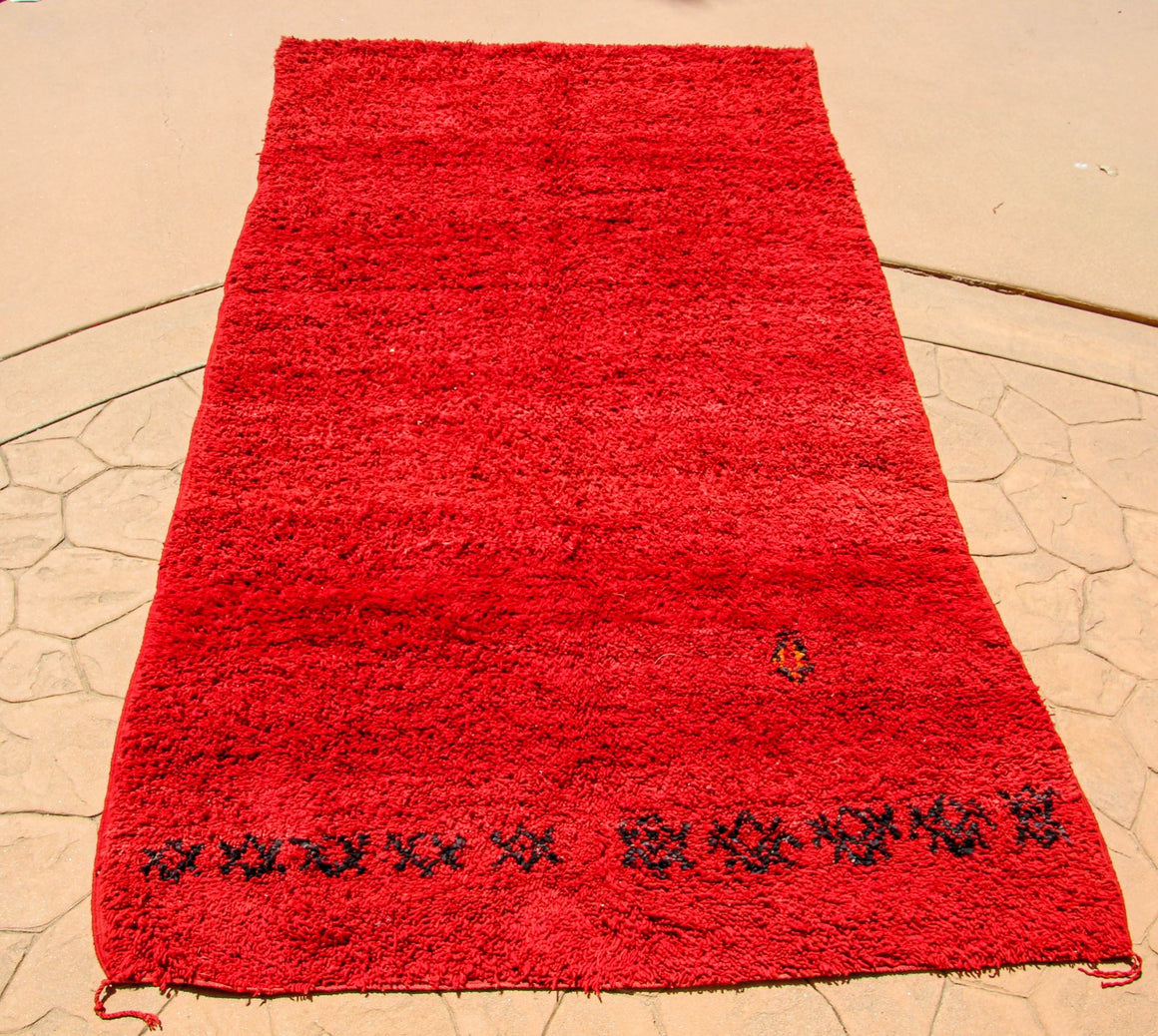 1960s Vintage Red Ethnic Moroccan Fluffy Rug Bed of Roses