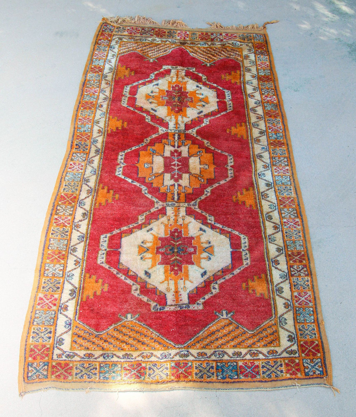 1960s Moroccan Berber Rug Burnt Orange Blue Cream and Pink