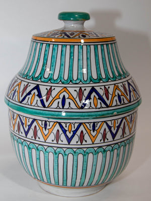 Moroccan Ceramic Covered Jar Handcrafted in Fez Morocco 1950s