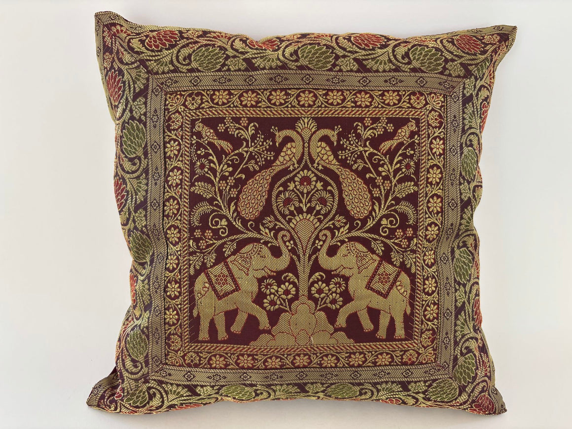 Silk Throw Pillow with Elephants and Peacocks India