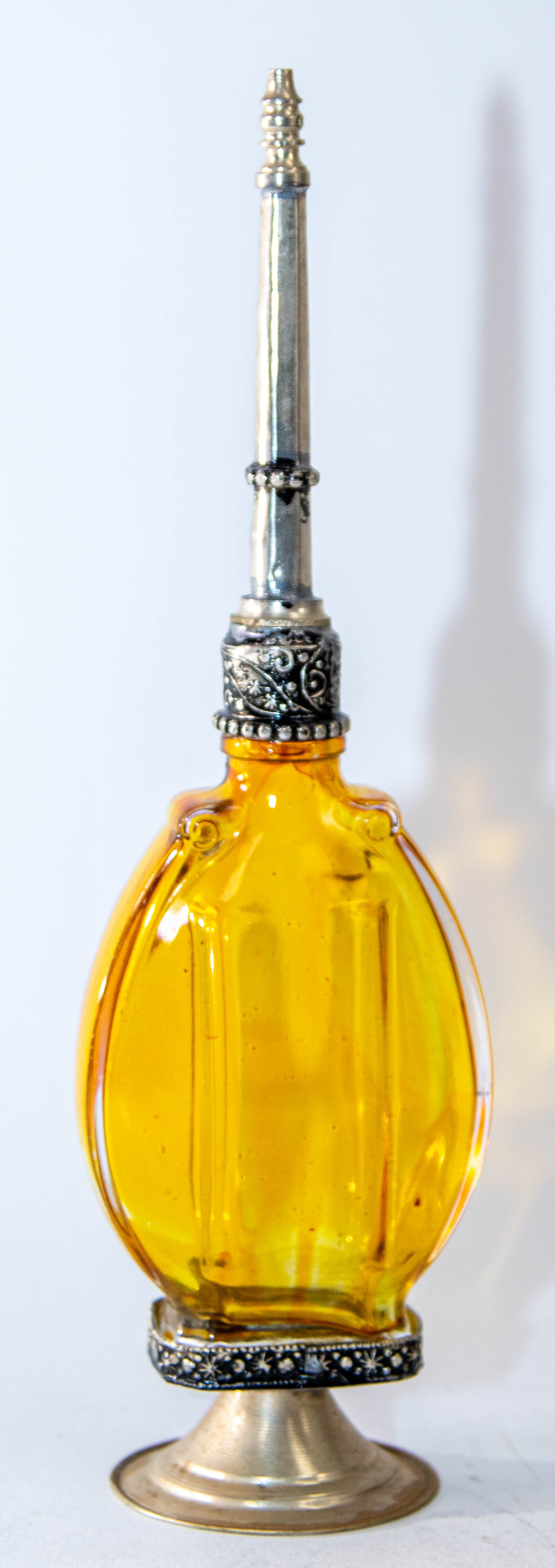 Moroccan Footed Glass Perfume Bottle Sprinkler with Embossed Metal 