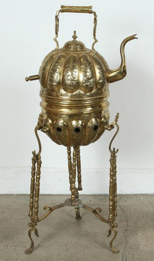 Moroccan Brass Tea Kettle on Stand Handcrafted in Fez Morocco 1930