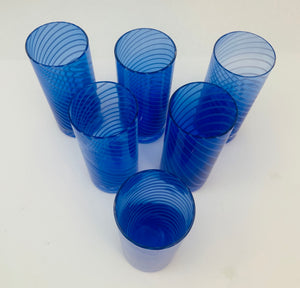 Cobalt Blue Drinking Glasses Set of 6 Spiral Italian Tumblers 1980s