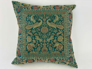 Emerald Green Exotic Silk Throw Pillow with Elephants and Peacocks India