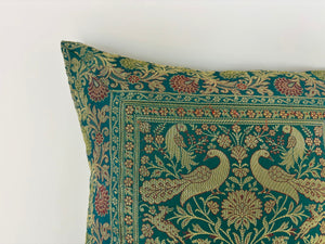 Emerald Green Exotic Silk Throw Pillow with Elephants and Peacocks India