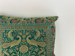 Emerald Green Exotic Silk Throw Pillow with Elephants and Peacocks India