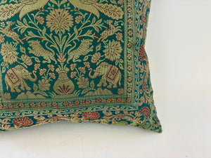 Emerald Green Exotic Silk Throw Pillow with Elephants and Peacocks India