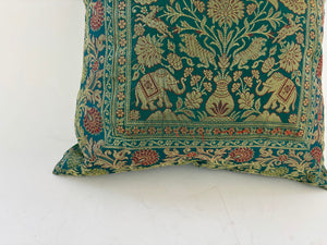 Emerald Green Exotic Silk Throw Pillow with Elephants and Peacocks India