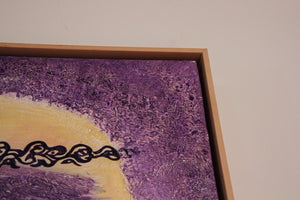 Dove Peace and Arabic Calligraphy Purple and Yellow Oil on Canvas Painting Framed