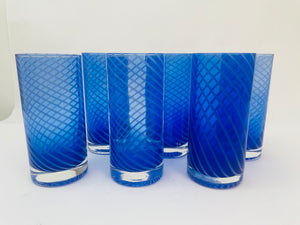 Cobalt Blue Drinking Glasses Set of 6 Spiral Italian Tumblers 1980s