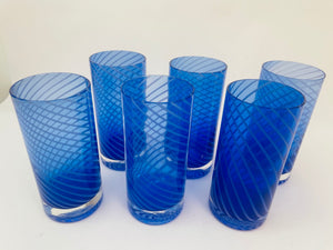 Cobalt Blue Drinking Glasses Set of 6 Spiral Italian Tumblers 1980s