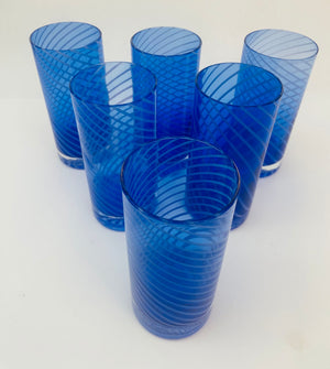 Cobalt Blue Drinking Glasses Set of 6 Spiral Italian Tumblers 1980s