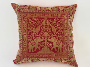 Decorative Silk Throw Pillow with Elephants and Peacocks India