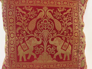 Decorative Silk Throw Pillow with Elephants and Peacocks India