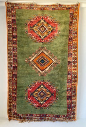 Vintage Moroccan Beni Mguild Berber Green and Orange Rug 1960s