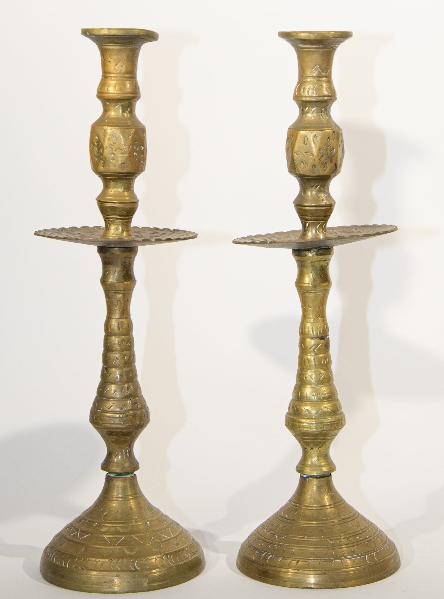 Antique Brass Adjustable Push Up Pair of Candleholders, 19th Century