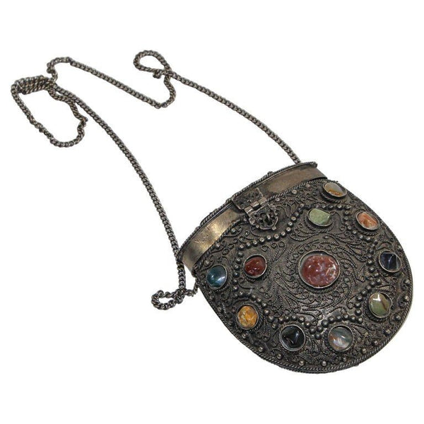 Vintage Sajai Metal precious outlet Gemstone Crossbody Chain Purse Made In India Unique