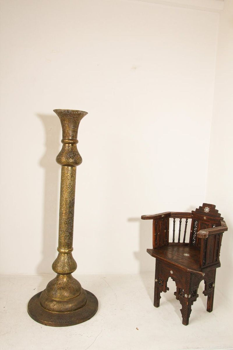 Antique Egyptian Middle Eastern Brass Candleholder Floor Lamp - E