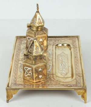 Antique Brass Inkwell Desk Set - Mamluk Damascene